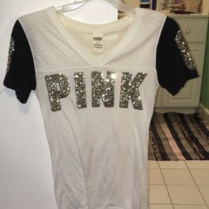 VS PINK white v-neck glitter T-Shirt